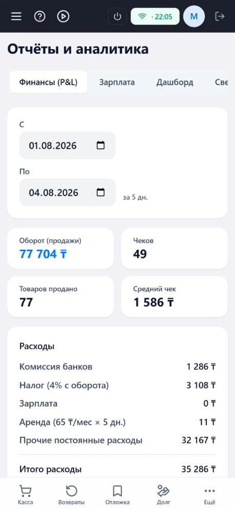 Кабинет владельца на телефоне: выручка, чеки, средний чек
